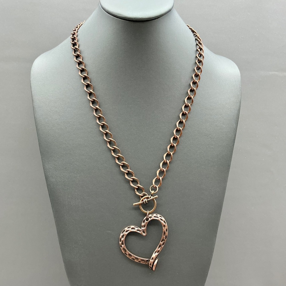 Heart Pendant Necklace Women Copper Tone Textured Heart Toggle Chain Jewelry